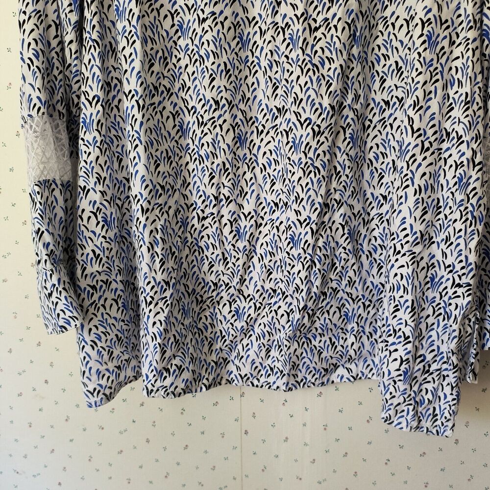 Lane Bryant Peasant Top Women 18/20 Black Blue White Print V Neck High Low Tunic - Picture 9 of 14